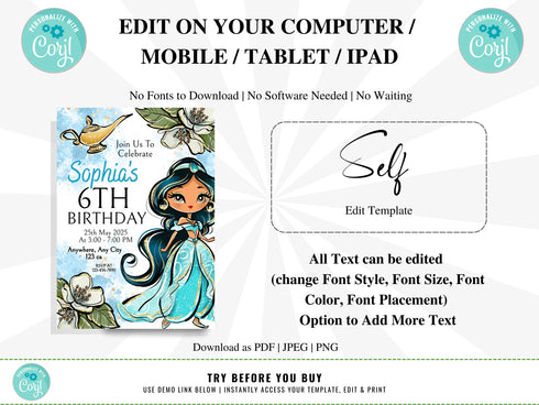 Jasmine Invitation, Princess Jasmine Birthday Invitation, Jasmine Party, Jasmine Invites, Editable Invitation, Digital Card