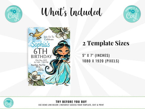 Jasmine Invitation, Princess Jasmine Birthday Invitation, Jasmine Party, Jasmine Invites, Editable Invitation, Digital Card