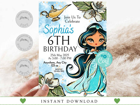 Jasmine Invitation, Princess Jasmine Birthday Invitation, Jasmine Party, Jasmine Invites, Editable Invitation, Digital Card