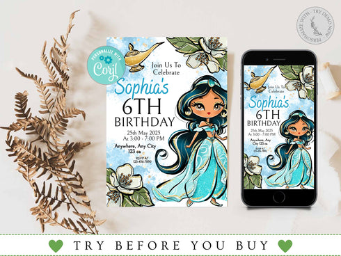 Jasmine Invitation, Princess Jasmine Birthday Invitation, Jasmine Party, Jasmine Invites, Editable Invitation, Digital Card