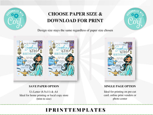 Princess Jasmine Birthday Invitation, Jasmine Invitation, Jasmine Party, Jasmine Invites, Editable Invitation, Digital Card