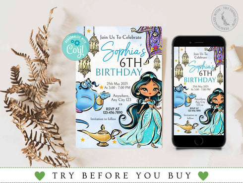Princess Jasmine Birthday Invitation, Jasmine Invitation, Jasmine Party, Jasmine Invites, Editable Invitation, Digital Card