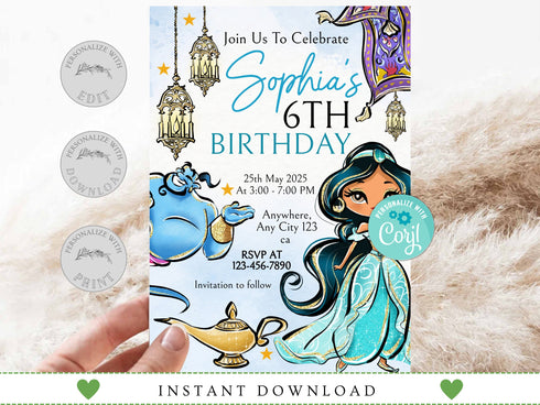 Princess Jasmine Birthday Invitation, Jasmine Invitation, Jasmine Party, Jasmine Invites, Editable Invitation, Digital Card