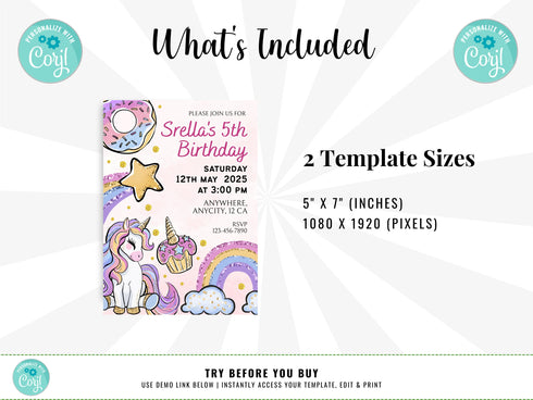 Unicorn Invitation Template, Unicorn and Rainbow Birthday Invitation, Unicorn Party, Editable Digital Template, Instant Download