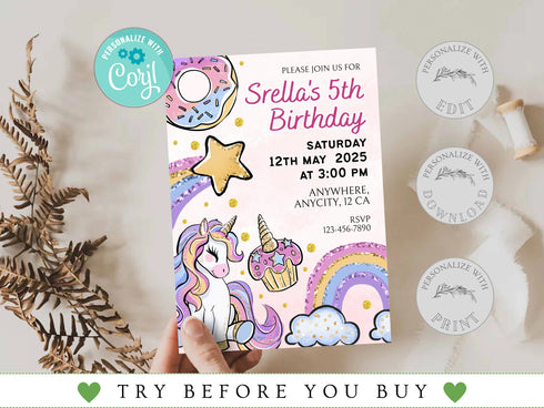 Unicorn Invitation Template, Unicorn and Rainbow Birthday Invitation, Unicorn Party, Editable Digital Template, Instant Download