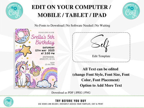 Unicorn Invitation Template, Unicorn and Rainbow Birthday Invitation, Unicorn Party, Editable Digital Template, Instant Download