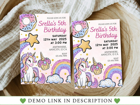 Unicorn Invitation Template, Unicorn and Rainbow Birthday Invitation, Unicorn Party, Editable Digital Template, Instant Download
