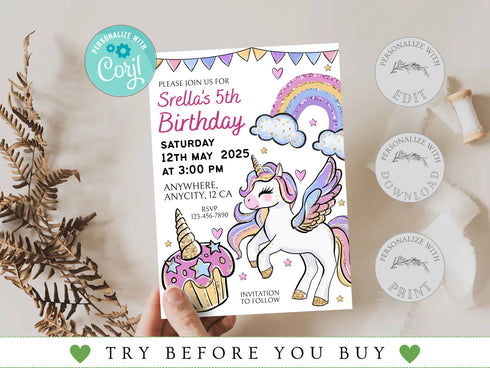 Unicorn and Rainbows Birthday Invitation, Magical Unicorn Party Invitation, Unicorn Birthday Invitation, Unicorn Invite, Rainbow Invite