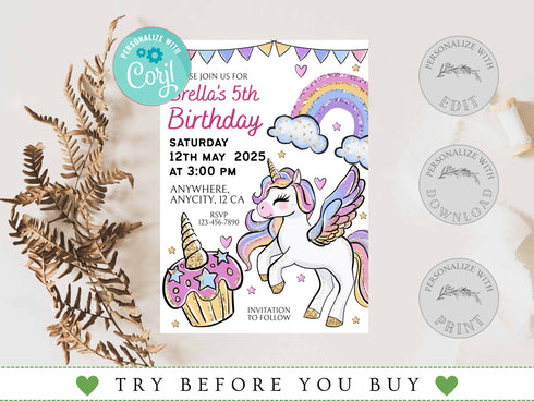 Unicorn and Rainbows Birthday Invitation, Magical Unicorn Party Invitation, Unicorn Birthday Invitation, Unicorn Invite, Rainbow Invite