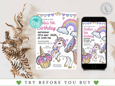 Unicorn and Rainbows Birthday Invitation, Magical Unicorn Party Invitation, Unicorn Birthday Invitation, Unicorn Invite, Rainbow Invite