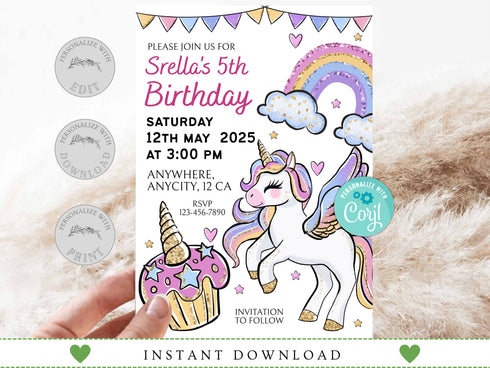 Unicorn and Rainbows Birthday Invitation, Magical Unicorn Party Invitation, Unicorn Birthday Invitation, Unicorn Invite, Rainbow Invite