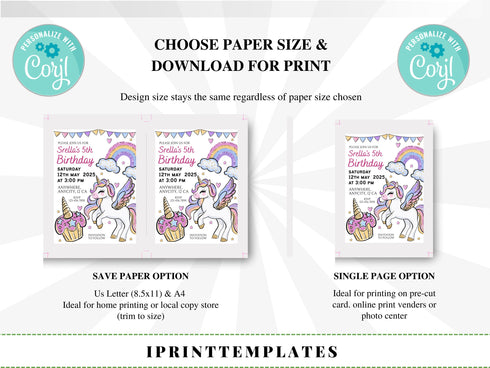 Unicorn and Rainbows Birthday Invitation, Magical Unicorn Party Invitation, Unicorn Birthday Invitation, Unicorn Invite, Rainbow Invite
