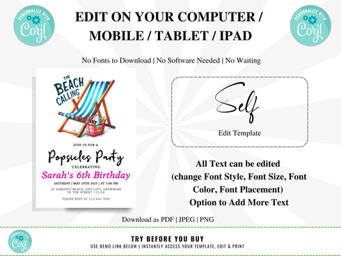 Editable Beach Party Invitation, Girl Birthday Invitation, Surf's Up, Summer Party, Swimming, Beach Party, Printable, Digital, Instant