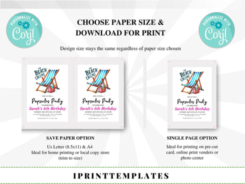 Editable Beach Party Invitation, Girl Birthday Invitation, Surf's Up, Summer Party, Swimming, Beach Party, Printable, Digital, Instant