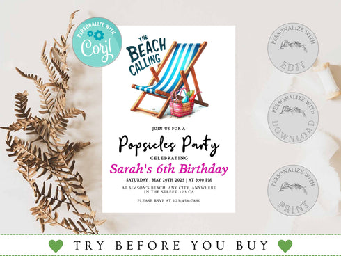Editable Beach Party Invitation, Girl Birthday Invitation, Surf's Up, Summer Party, Swimming, Beach Party, Printable, Digital, Instant