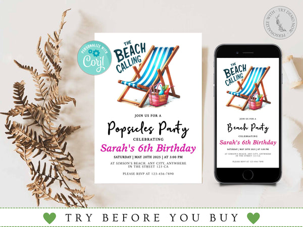 Editable Beach Party Invitation, Girl Birthday Invitation, Surf's Up, Summer Party, Swimming, Beach Party, Printable, Digital, Instant