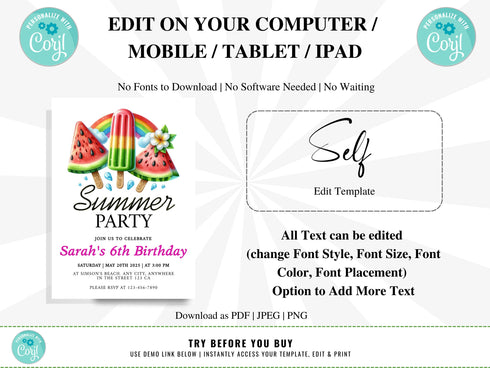 Summer Party Invitation, Summer Party Invitation, Summer Invites, Summer Birthday Party Invitation, Summer Party with Corjl, Summer