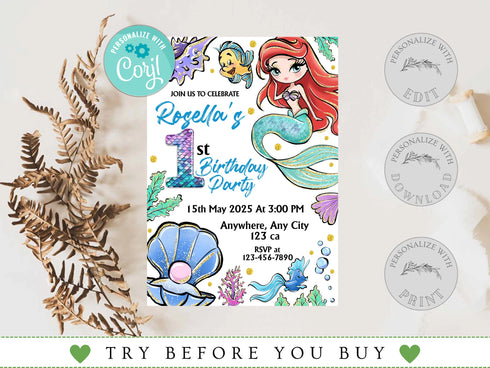 Mermaid Birthday Invitation, Ariel Birthday Invite, Editable Mermaid Birthday Invitation, Birthday Invitation for Girls Mermaid Ariel