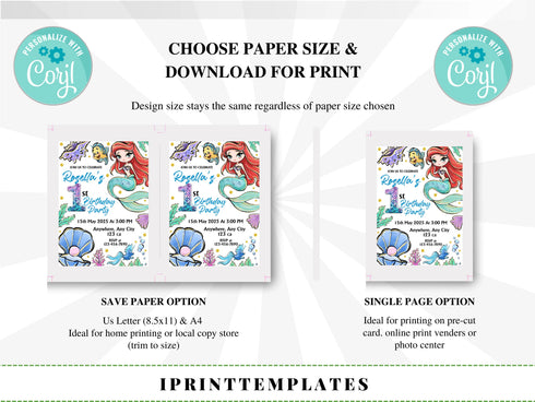 Mermaid Birthday Invitation, Ariel Birthday Invite, Editable Mermaid Birthday Invitation, Birthday Invitation for Girls Mermaid Ariel