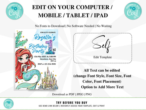 Mermaid Birthday Invitation, Editable Mermaid Party Invite, Under the Sea Birthday Invitation Template, Instant Download Printable Invite