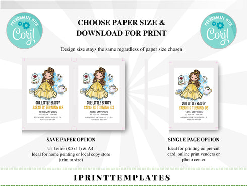Beauty and the Beast Birthday Invitation, Princess Birthday Party Invite, Printable Editable Birthday Invitation, Birthday Girls, Corjl
