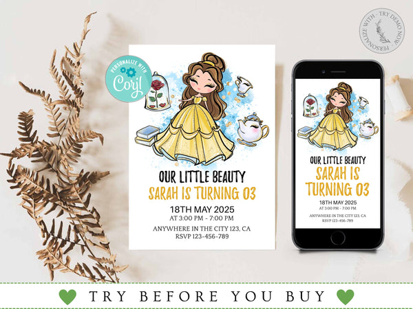 Beauty and the Beast Birthday Invitation, Princess Birthday Party Invite, Printable Editable Birthday Invitation, Birthday Girls, Corjl