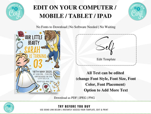 Beauty and the Beast Invitation, Beauty and the Beast, Digital File, Printable File, Beauty and the Beast Birthday Invitation, Corjl