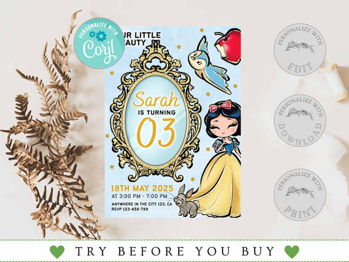 Snow White Birthday Invitation, Snow Princess Invitation, Instant Download, Princess Birthday Party Invite, Editable Template, Corjl