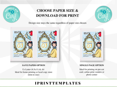 Snow White Birthday Invitation, Snow Princess Invitation, Instant Download, Princess Birthday Party Invite, Editable Template, Corjl