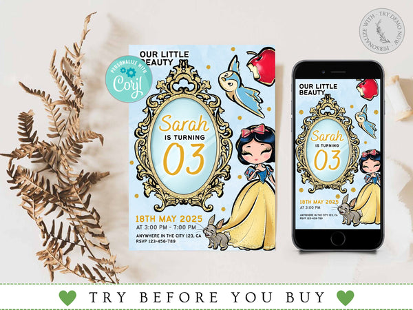 Snow White Birthday Invitation, Snow Princess Invitation, Instant Download, Princess Birthday Party Invite, Editable Template, Corjl