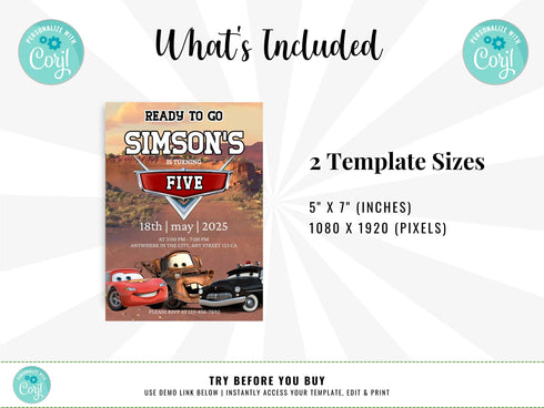 Cars Birthday Party Invitation, Cars Lightning Birthday Invite, Cars Birthday Party Invitation, Boy 5th Birthday Party Invite, Corjl
