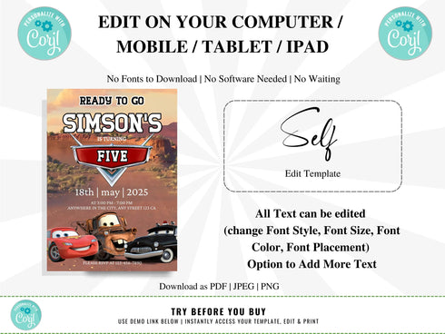 Cars Birthday Party Invitation, Cars Lightning Birthday Invite, Cars Birthday Party Invitation, Boy 5th Birthday Party Invite, Corjl