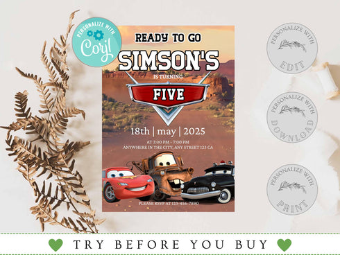 Cars Birthday Party Invitation, Cars Lightning Birthday Invite, Cars Birthday Party Invitation, Boy 5th Birthday Party Invite, Corjl