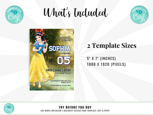 Snow White Invitation, Snow White Birthday, Snow White Party, Snow White Editable Invitation, Snow White Printable File, Corjl