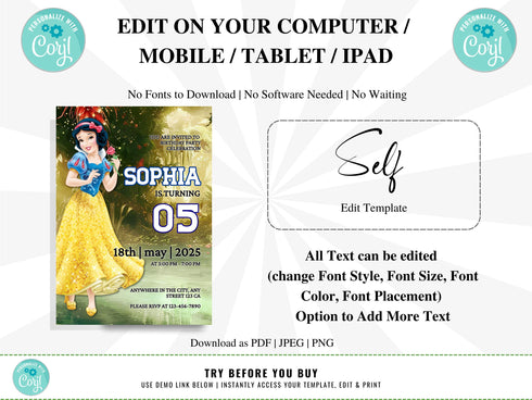 Snow White Invitation, Snow White Birthday, Snow White Party, Snow White Editable Invitation, Snow White Printable File, Corjl