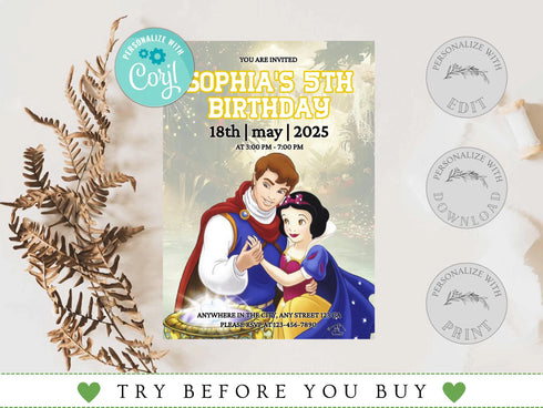 Snow White Birthday Invitation, Princess Birthday Invitation, Instant Download, Princess Snow White Invitation, Snow White Party, Corjl