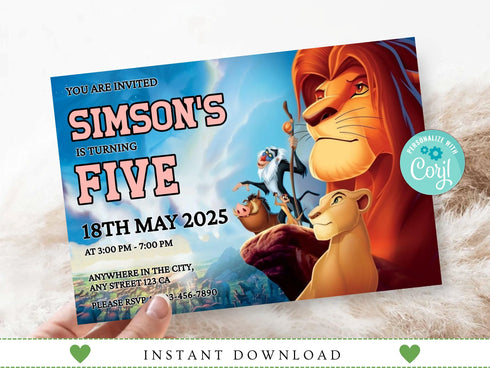 Lion King Birthday Invitation Editable Template, Printable Lion King Kids Party Invite, Personalized Lion King Theme Birthday Party