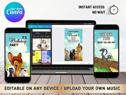Bambi Birthday Video Invitation, Bambi Kids Birthday Party Digital Invitation, Bambi Theme Birthday Party Digital Invite