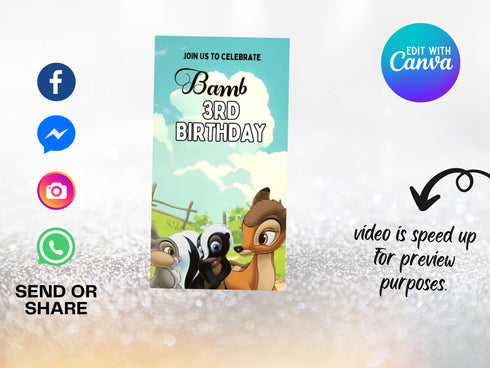 Bambi Birthday Video Invitation, Bambi Kids Birthday Party Digital Invitation, Bambi Theme Birthday Party Digital Invite