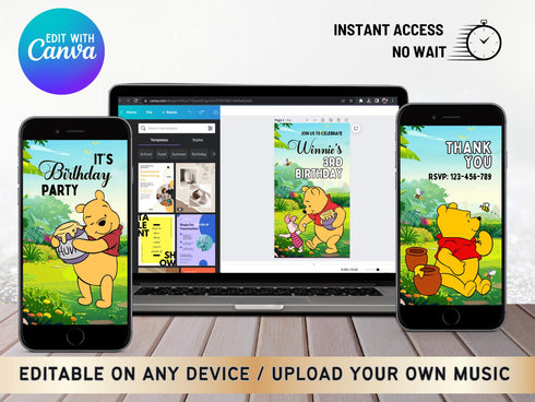 Winnie the Pooh Invitation, Winnie the Pooh Birthday Invitation Video, Winnie the Pooh Digital Invitation, Boy Girl Digital Invitation
