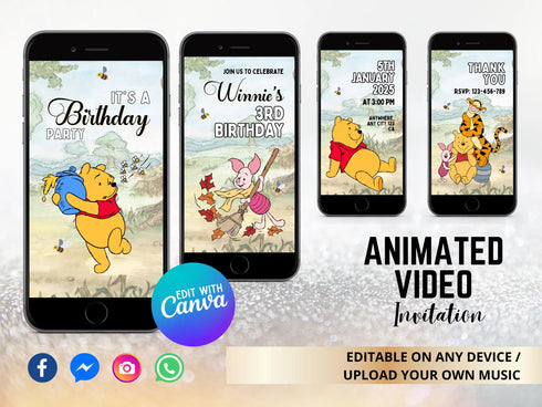 Winnie the Pooh Invitation, Winnie the Pooh Birthday Invitation Video, Winnie the Pooh Digital Invitation, Boy Girl Digital Invitation