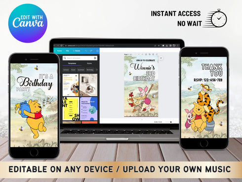 Winnie the Pooh Invitation, Winnie the Pooh Birthday Invitation Video, Winnie the Pooh Digital Invitation, Boy Girl Digital Invitation