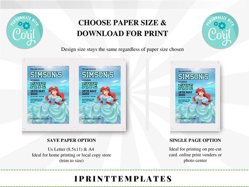 Editable Mermaid Ariel Birthday Invitation, Little Mermaid Invite Party Invite Card, Princess Mermaid Party Invite, Instant Download