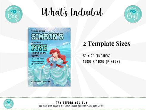 Editable Mermaid Ariel Birthday Invitation, Little Mermaid Invite Party Invite Card, Princess Mermaid Party Invite, Instant Download
