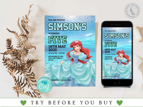 Editable Mermaid Ariel Birthday Invitation, Little Mermaid Invite Party Invite Card, Princess Mermaid Party Invite, Instant Download