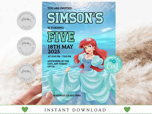 Editable Mermaid Ariel Birthday Invitation, Little Mermaid Invite Party Invite Card, Princess Mermaid Party Invite, Instant Download