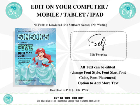 Editable Mermaid Ariel Birthday Invitation, Little Mermaid Invite Party Invite Card, Princess Mermaid Party Invite, Instant Download