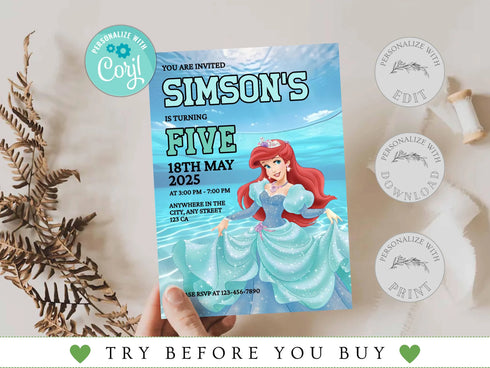 Editable Mermaid Ariel Birthday Invitation, Little Mermaid Invite Party Invite Card, Princess Mermaid Party Invite, Instant Download