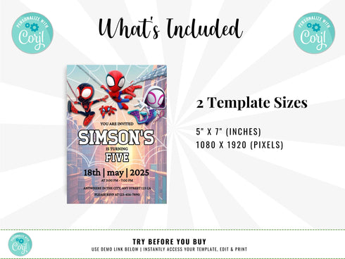 Spider Man Invitation, Spider-Man Boys Birthday Party Digital Invitation, Kids Birthday Card, Digital Download, Editable Template