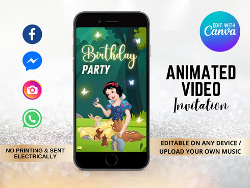 Snow White Birthday Invitation Digital Video Invite Princess Snow White Party Custom Animated Birthday Invitation, Instant Download
